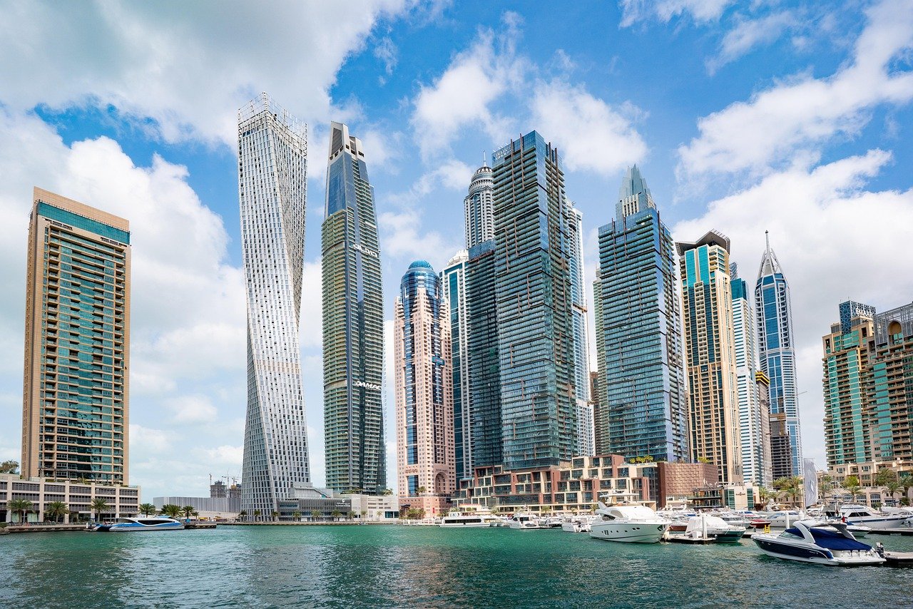 skyline, skyscrapers, buildings, nature, cityscape, city, facades, edifice, architecture, modern architecture, waterfront, boats, yachts, dubai, urban, modern, water, downtown, emirates, marina, towers, ships, port